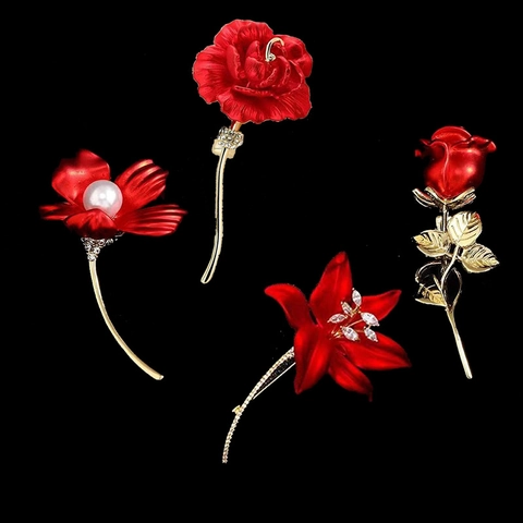 Spilla A Fiore In Smalto Rosso Lega Strass Perla Artificial Imitazione Rosa Tulipano Giglio Matrimonio Festa Gioielli Eleganti Da Donna