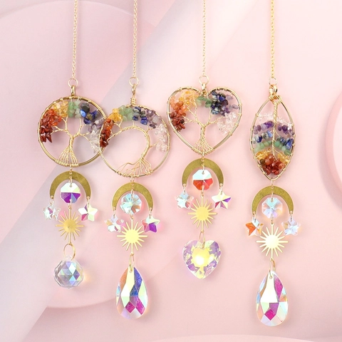 Tree Of Life Suncatcher Hängedekoration Mit Chakra Kristallsteinen Und Regenbogenmacher AB Prisma Fensterdeko Boho Gold Metall