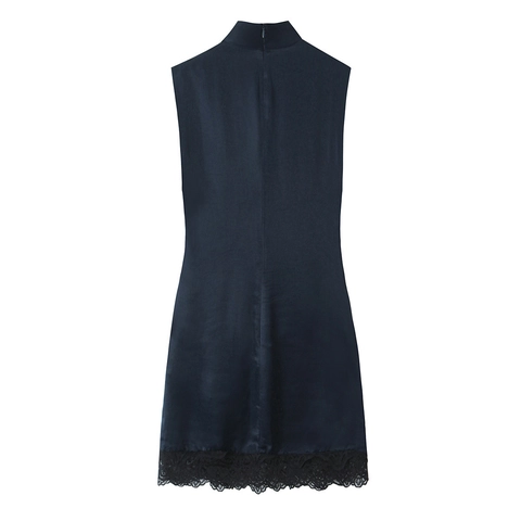 Elegante Vestito Mini in Raso Blu Notte Collo Rialzato Senza Maniche Vita Increspata Orlo in Pizzo Patchwork Donna