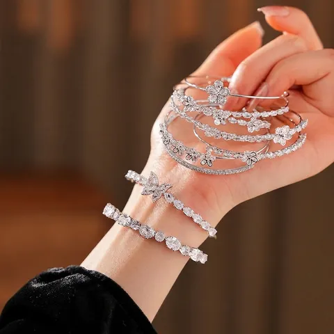 Elegant Flower Butterfly Double Layer Open Bangle Cubic Zirconia Copper Adjustable Bracelet Fashion Jewelry Women