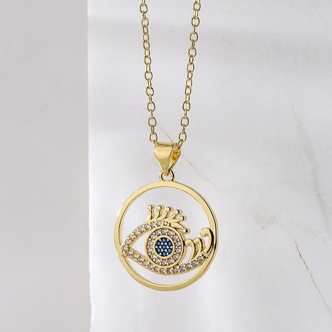 Evil Eye Anhänger Halskette Kupfer 18K Vergoldet Zirkonia Geometrische Schlüsselbeinkette Schmuck Für Damen