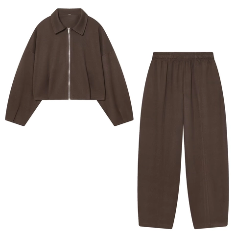 Dames Casual Jas Met Ritssluiting En Broek Met Hoge Taille Outfits Streetwear Effen Kleur Polyester Lange Mouw Top En Broek