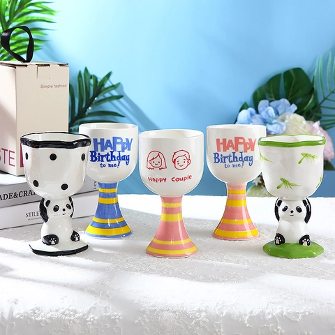 Ceramic Ice Cream Cup Dessert Bowl Hand Painted Cartoon Character Bear Panda Goblet Birthday Gift High Footed Mug Party Decor
