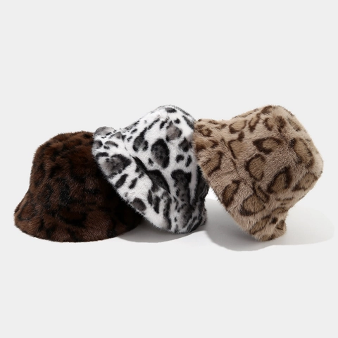 Leopard Print Fischerhut Aus Kunstpelz Warm Plüsch Winter Tiermuster Weiche Dicke Beckenkappe Für Damen