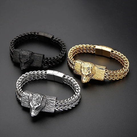 Wolf Head Bracelet Men Stainless Steel Double Row Braided Wheat Chain Hip Hop Punk Viking Jewelry Accessories