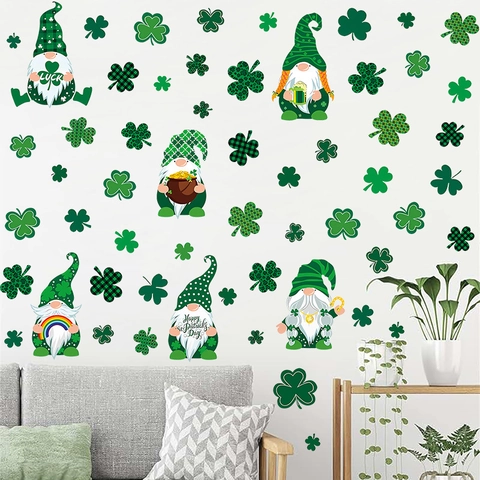 St Patricks Day Wall Stickers Green Gnome Shamrock Waterproof PVC Window Clings Irish Festival Party Home Decoration