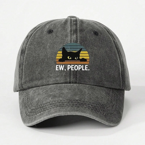 Baseball Cap Washed Cotton Peeking Black Cat Letter Print Adjustable Sunshade Retro Distressed Hat Hip Hop Streetwear