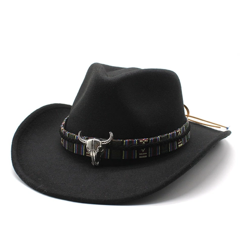 Western Cowboy Hat Felt Wide Brim Retro Ethnic Woven Band Metal Bull Head Skull Decoration Unisex Jazz Fedora