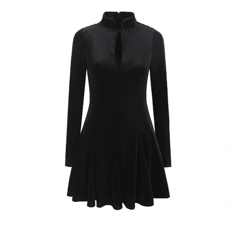Elegantes Samt Minikleid Langarm Ausschnitt Stehkragen Slim Fit Partymode Für Damen
