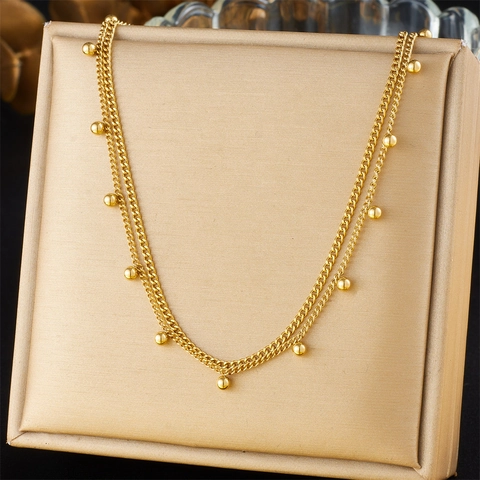 Double Layer Bead Chain Necklace Stainless Steel Gold Plated Minimalist Versatile Fashion Jewelry Gift For Women Girls