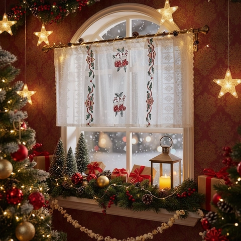 Christmas Lace Cafe Curtain Red Embroidery Bell Stocking Pattern Polyester Mesh Short Door Valance Festive Home Decor