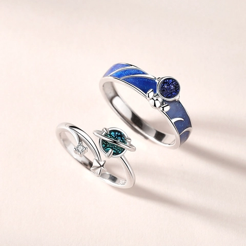 S925 Argento Sterling Astronauta Pianeta Anello di Coppia Regolabile Smalto Blu Galassia Stella Universo Regalo Gioielli