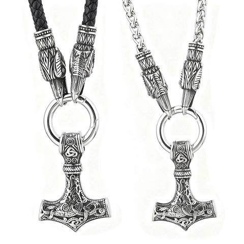 Nordic Viking Thor Hammer Mjolnir Pendant Necklace Stainless Steel Retro Mythology Wolf Head Jewelry