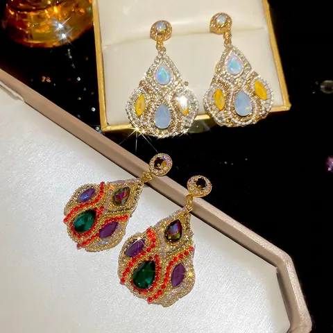 Orecchini Pendenti A Goccia D'Acqua Con 925 Sterling Silver Earring Post Lega Zircone Opale Colorato Stile Corte Retrò Donna