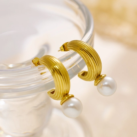Boucles d'Oreilles Créoles Françaises Rétro Baroques Perles Artificielles Femmes Acier Titane Inoxydable Irrégulier Géométrique Or
