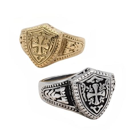 Anello Retrò Cavaliere Medievale Scudo Croce per Uomo Acciaio Inossidabile Gotico Invecchiato Sigillo Biker Gioielli Regalo