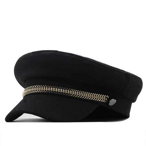 Women Vintage Woolen Military Cap Baker Boy Hat With Gold Chain Decoration Solid Color Autumn Winter Fashion Accessory
