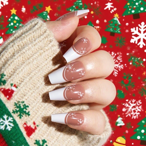 Christmas Press On Nails Long Coffin Shape White Snowflake Pattern French Tips Nude Pink Glossy Plastic False Nails Winter