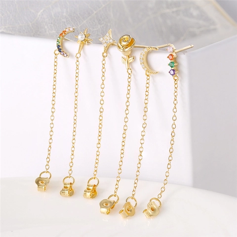 Orecchini a Filo in Argento Sterling 925 Placcato Oro con Zirconia Catena e Nappa per Donna Elegante Perla Luna Stella Gioielli Floreali