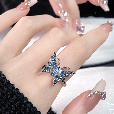 Gioielli Farfalla Blu Smalto Placcato Argento Bracciale Aperto Regolabile E Anello Moda Donna