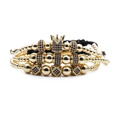 Luxury Copper Bead Bracelet Collection Crown Blue Zirconia Inlaid Adjustable Braided Rope Hip Hop Jewelry For Unisex Fashion Parties Daily Wristband