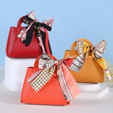 Mini Handbag Shape Candy Box Leather Gift Packaging Bag With Scarf Ribbon Decor For Wedding Party Favors Elegant Design