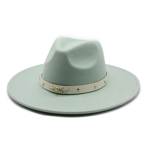Retro Wide Brim Fedora Hat Vintage Wool Felt Jazz Cap With Studded Leather Band And Gold Rivets For Women Men