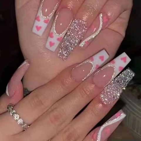 Unghie Press On Forma Bara Motivo Cuore Design Francese Sfumatura Rosa Bianco Glitter Strass Unghie Finte Per Donne