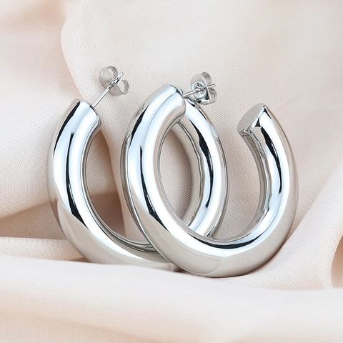Chunky Hoop Ohrringe Für Damen Minimalistisch Edelstahl C-Förmig Hohl Hochglanzpoliert Spiegelglanz Modeschmuck