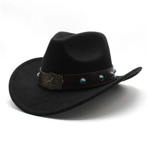 Chapeau De Cowboy Occidental Feutre De Laine Large Bord Style Ethnique Bande Cuir Turquoise Boucle Étoile Unisexe
