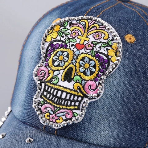 Casquette De Baseball En Jean Avec Strass Rivets Applique Crâne Mexicain Réglable Style Punk Hip Hop Mode