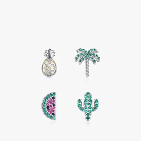 925 Sterling Silver Stud Earrings Colorful Cubic Zirconia Summer Tropical Fruit Plant Pineapple Coconut Tree Watermelon Cactus Jewelry