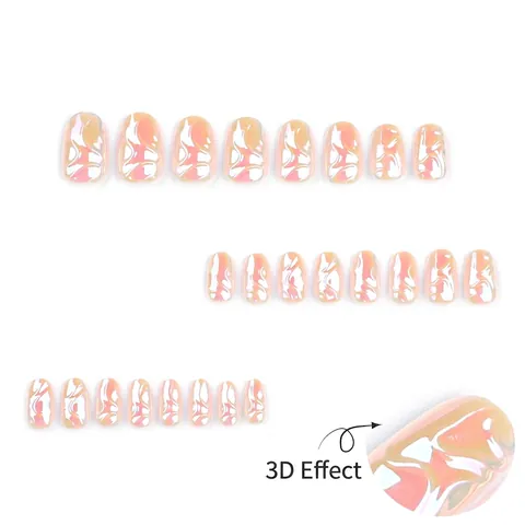 3D Aurora Irillerende Press On Nagels Kort Rond Kunstnagels Watergolfpatroon Elegante Verwijderbare Manicure
