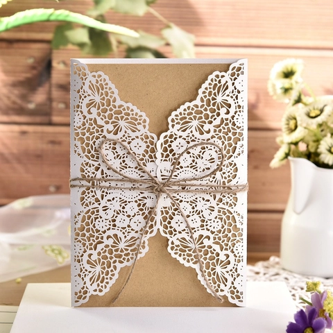 Biglietti Invito Taglio Laser Pizzo Farfalla Matrimonio Fidanzamento Festa Con Foglio Interno Carta Kraft Spago Iuta