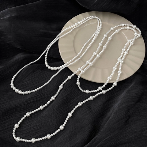 Long Collier De Künstliche Perles Élégant Géométrique Imitation Künstliche Perle Multi Couches Chaîne De Pull Bijoux Pour Femmes Blanc Or