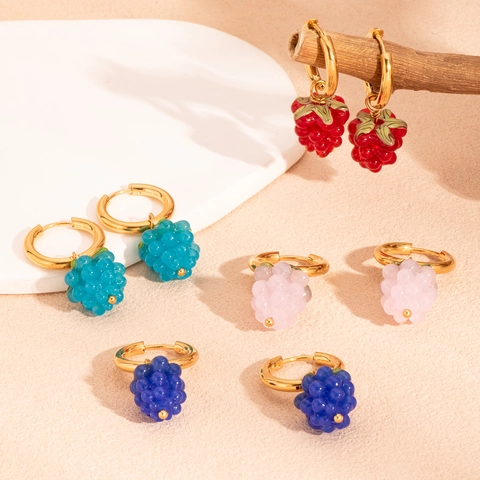 Edelstahl Gold Vergoldete Creolen Mit Harz Traube Frucht Anhänger Sommer Frisch Süß Schmuck Für Frauen