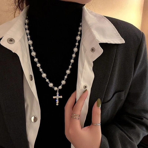 Kreuz Anhänger Halskette Künstliche Perle Legierung Strass Eingelegt Trendy Y2K Punk Stil Schmuck Für Damen