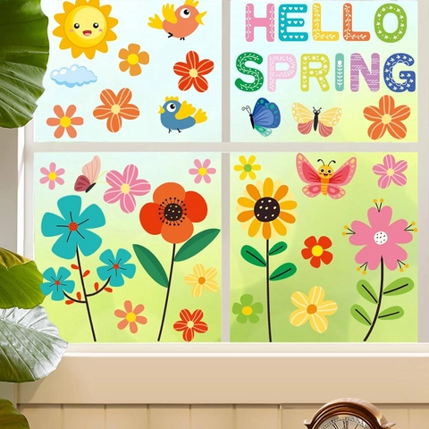 Hello Spring Wall Stickers PVC Flower Butterfly Cartoon Window Cling Decorative Decals For Living Room Nursery