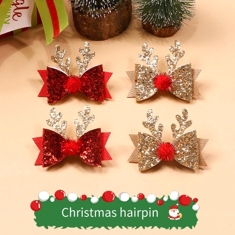Pinzas Para El Cabello De Reno Lentejuelas Brillo Lazo Pompon Navidad Accesorios De Pelo Fiesta Para Niñas