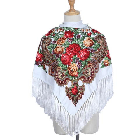 Retro Etnische Bloemenprint Kwastje Sjaal Vierkante Doek Polyester Paisley Rozenpatroon Boheems Dames Reis Wrap