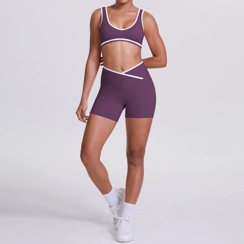 Women Yoga Set Contrast Trim Sports Bra High Waist Cross V-Waist Shorts Nylon Spandex Athletic Workout Outfits