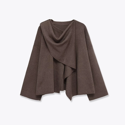 Women Asymmetrical Drape Neck Knit Sweater Long Sleeve Solid Coffee Brown Pullover Elegant Soft Top