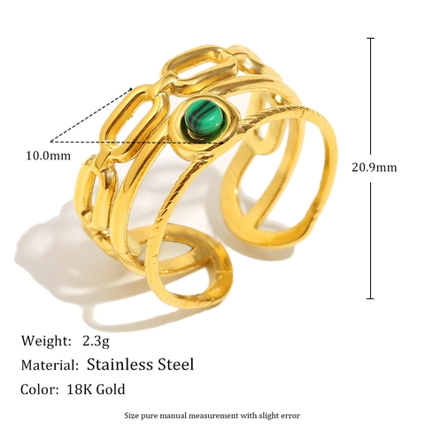 Vintage Französischer Mehrlagiger Offener Ring Edelstahl 18K Vergoldet Malachit Grüner Stein Verstellbar Für Damen