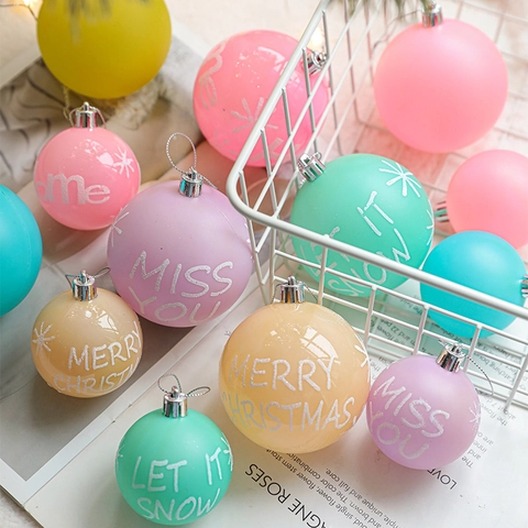Kerstbal Ornamenten Plastic Mat Macaron Kleurrijke Kerstboom Hangers Witte Glitter Sneeuwvlok Letters Decoratie