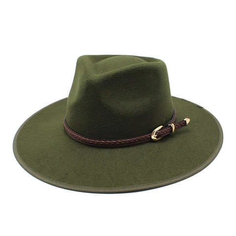 Vintage Fedora Hat Wide Flat Brim Felt Jazz Hat With Braided Leather Band Gold Metal Buckle Unisex