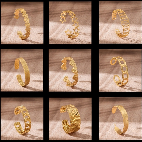 18K Gold Plated 304 Stainless Steel Cuff Bracelet For Women Waterproof Adjustable Heart Star Feather Flower Fashion
