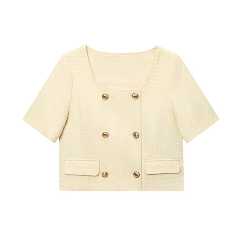 Elegant Women Tweed Blazer And Shorts Outfit Short Sleeve Double Breasted Golden Button French Style Yellow