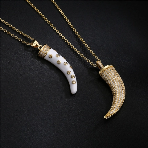 Collana Con Pendente Corno Italiano Rame Smalto Bianco Zirconia Cubica Gioielli Bohémien Portafortuna Per Donna