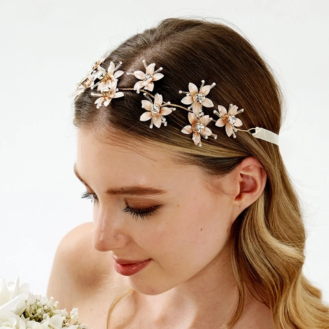 Braut Stirnband Handgemachte Metall Blume Strass Perle Hochzeit Haarband Mit Band Für Frauen Boho Stil