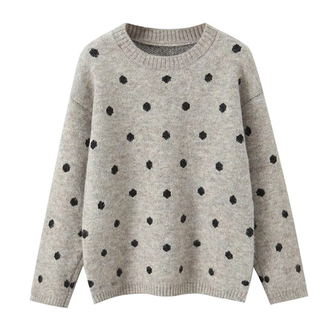 Maglione Pullover A Pois In Maglia Poliestere Maniche Lunghe Girocollo Largo Casual Moda Autunno Inverno Donna